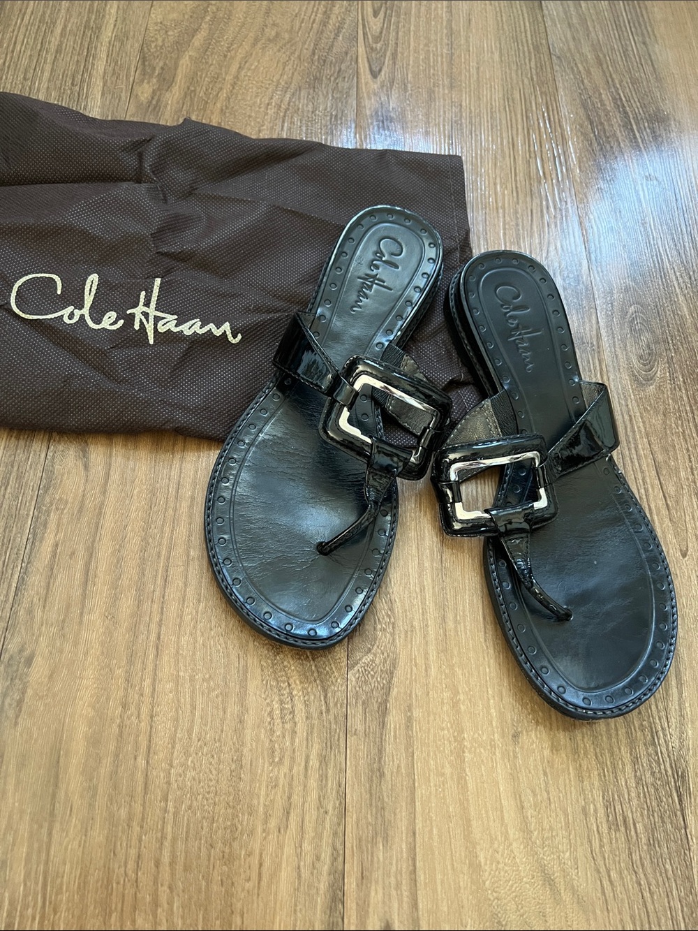 Cole Haan Black Patent Leather Buckle Thong Sandals